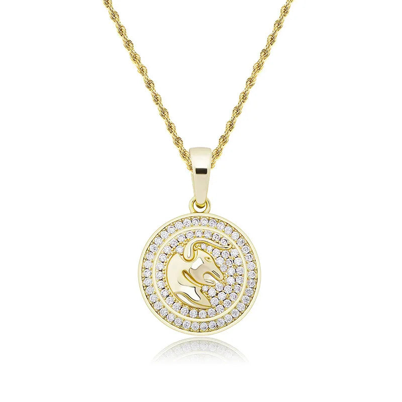 18k gold plated hip hop jewelry women men iced out coin shape 12 horoscope constellations pendant necklace zodiac sign necklace