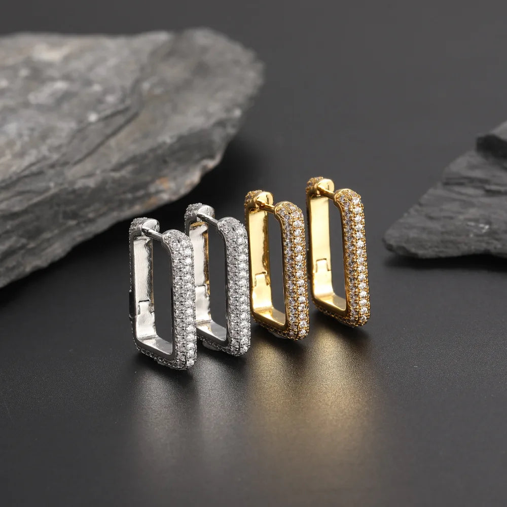 Ice Stone 18K Gold Silver Plated CZ Rectangle Hoop Earrings