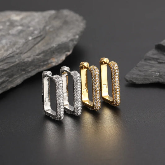 Ice Stone 18K Gold Silver Plated CZ Rectangle Hoop Earrings