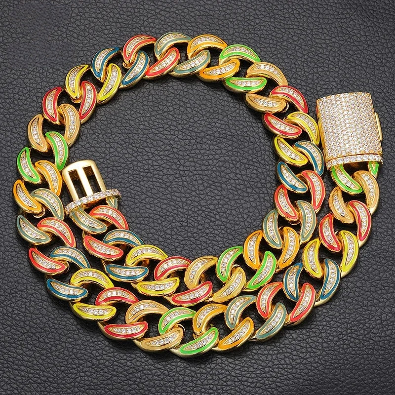 Top Icy 18mm Multicolor Luminous Cuban Link Chain Box Clasp Iced Out Man Hip Hop Necklace Bling Square Diamond Cuban Bracelet