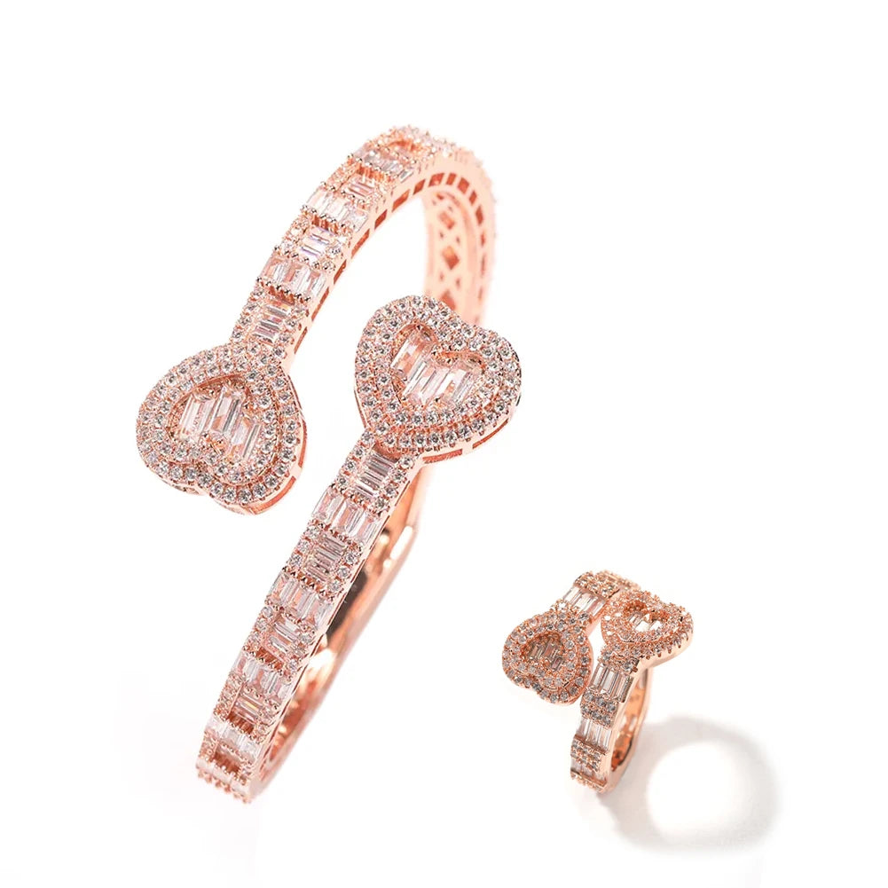 Hip Hop Jewelry Iced out heart bangle ring set bling bling baguette CZ Adjustable size women street heart bracelet heart ring