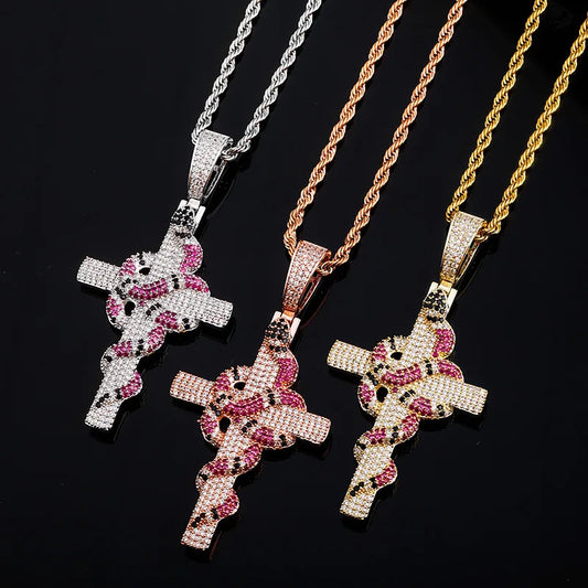 Classic Iced Out Snake Ankh Religious cross Pendant Latest design Hip Hop serpent Gold white gold Cross pendant necklace jewelry