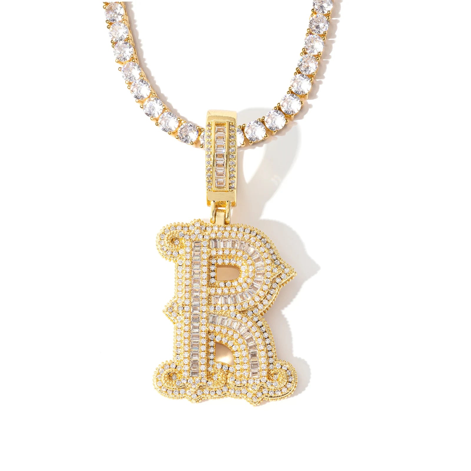 New Arrival Iced Out 5A Cubic Zircon Gold Plated letter name Necklaces Women Initial baguette Letter Necklace bling pendant