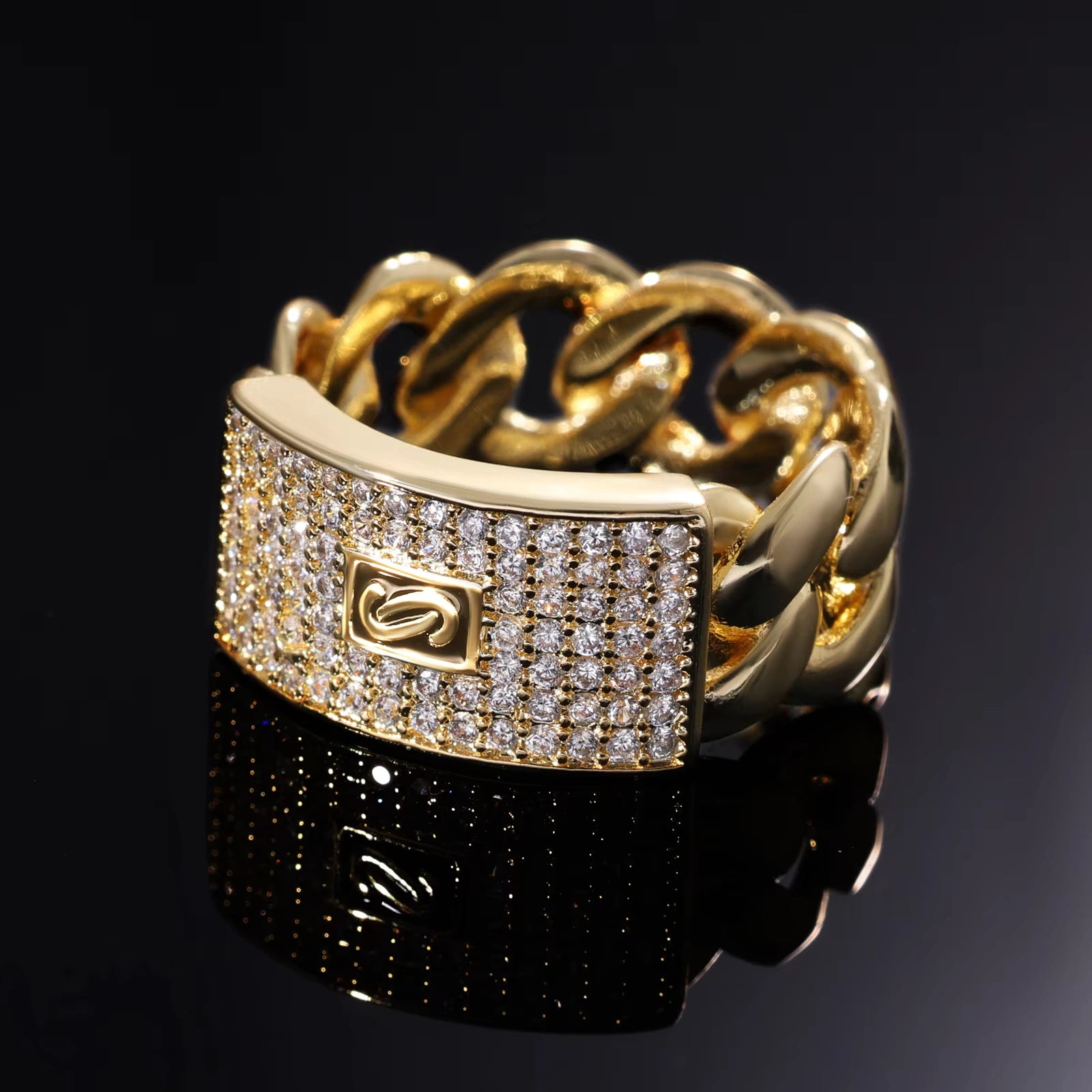 Ice Stone High-End 14K Gold Geometric Zircon Full Diamond Ring