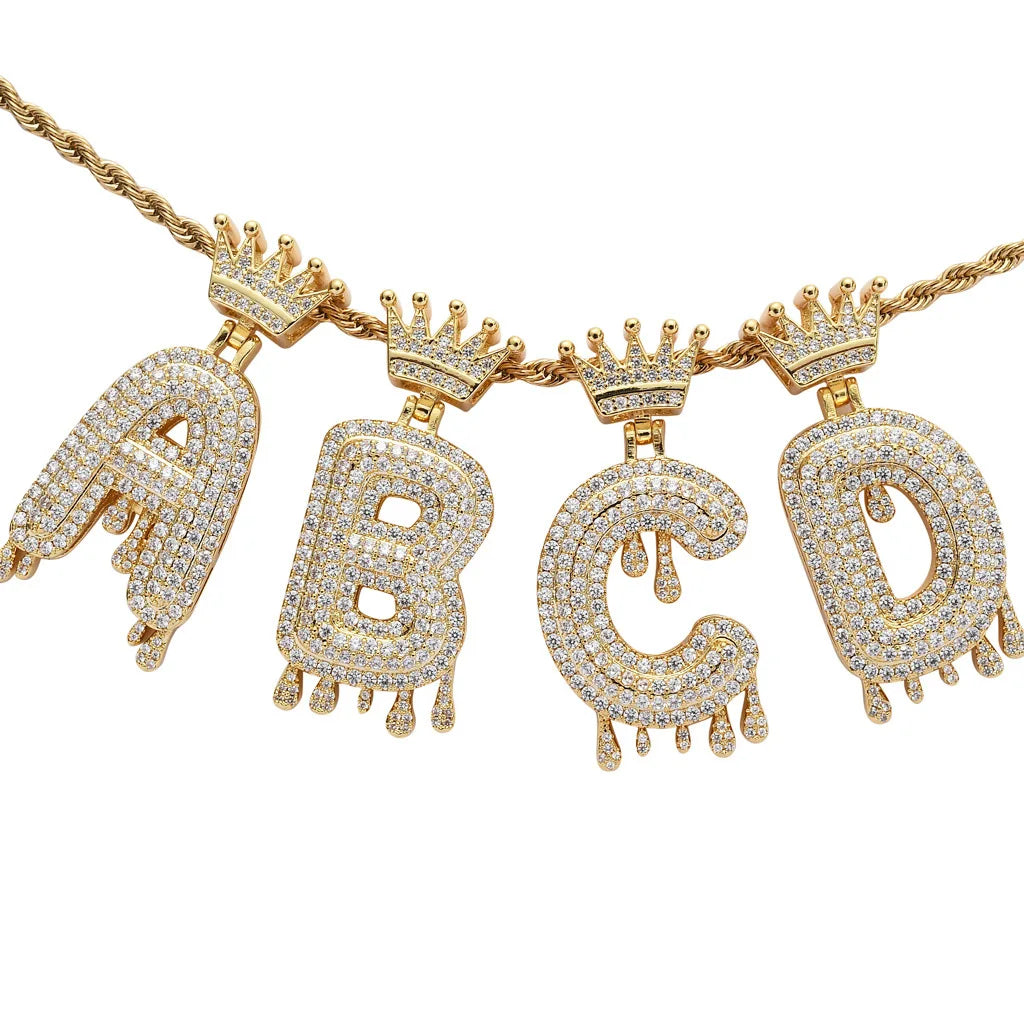 2022 hot selling men's bling bling Iced out letters crown initial letter necklace fashion bubble letter necklace