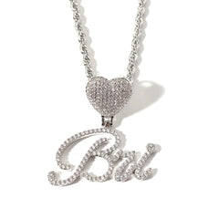 Iced out brush font curved letters custom name necklace bling bling heart hook diamond personalized name custom chain
