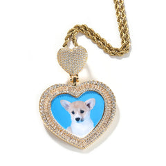 Heart Hook Butterfly Hook Heart Shape Photo Pendant Iced Out Diamond Couples Necklace Brass 18K Gold Plated 5A CZ