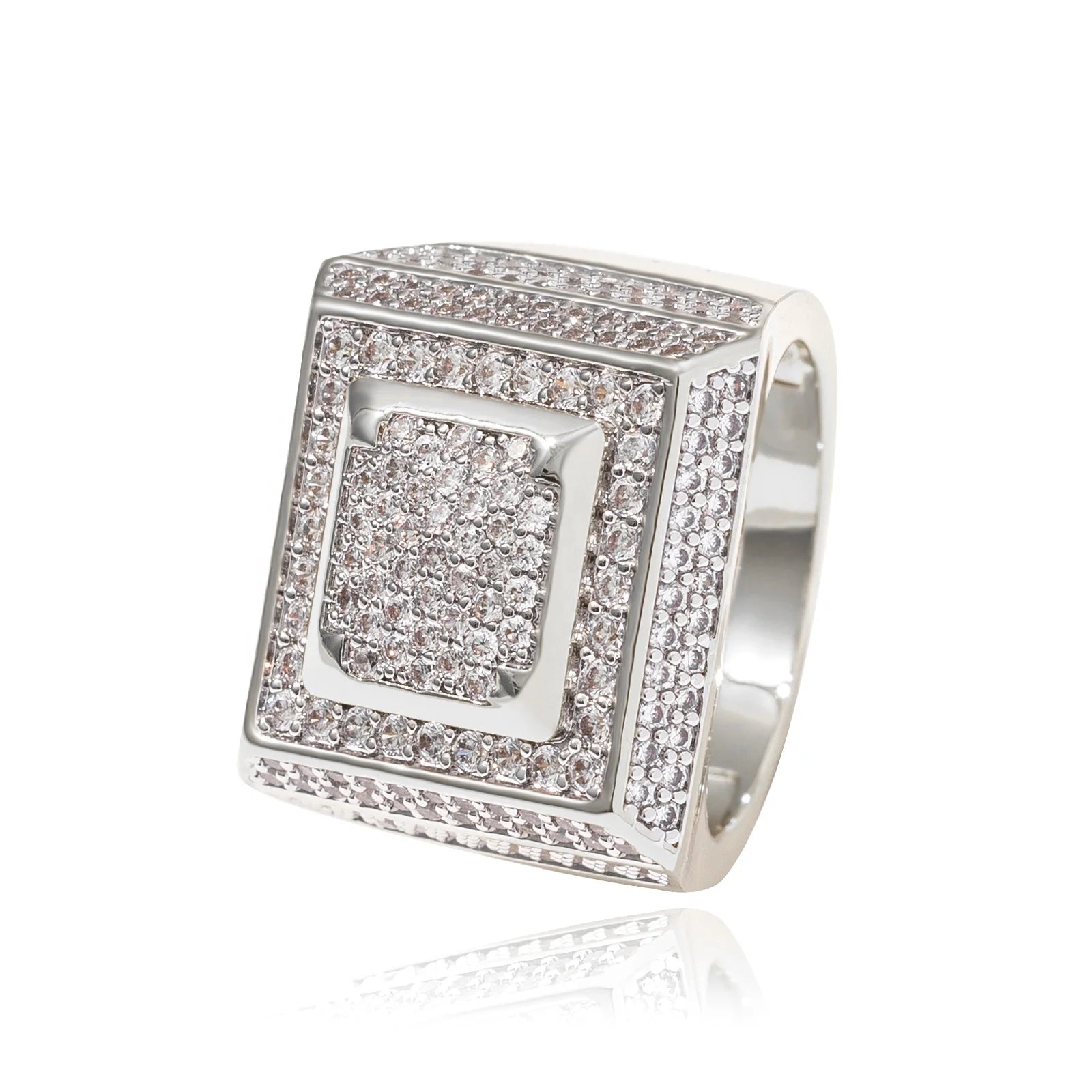Top Icy Square Shape Rings for Men Iced Out Diamond Ring Hip Hop Brass 18K Gold Plated + AAA CZ