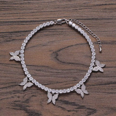 Ice Stone 8mm Pink Cuban Chain CZ Bling Hip Hop Butterfly Anklet Jewelry