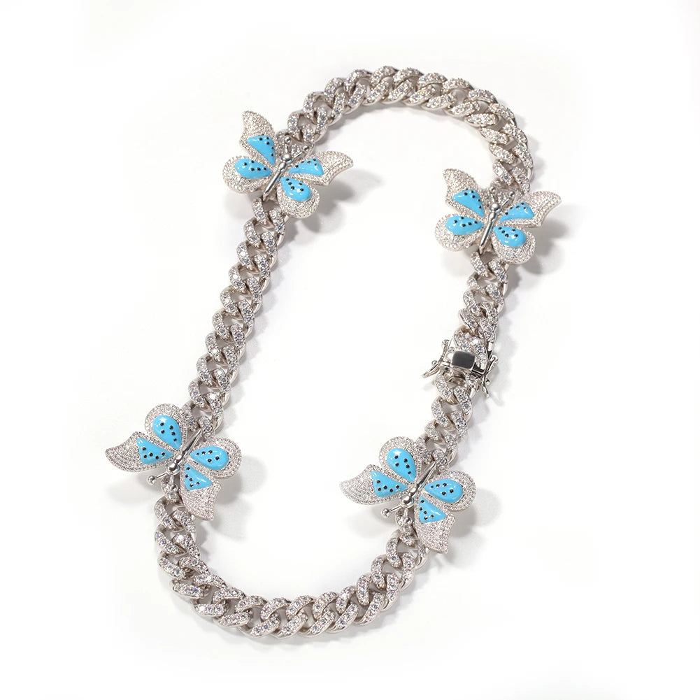 2020 Hiphop Iced Out butterfly Necklace Choker Cuban Link Chain Miami Zirconia Real 18k Gold Plated Chain Women Rapper Jewelry