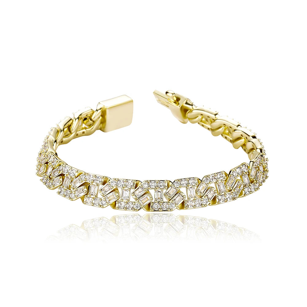 2022 New Arrival Ins 18K Gold Plated Necklace 9mm Cuban Chain Iced Out Rectangle CZ Hip Hop Jewelry Men Necklace Bracelet Set