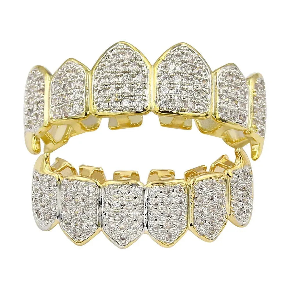 Hip Hop Latest CZ Paved Zircon Denti Grillz Gold Teeth Design Men, Luxury Gold Grillz Teeth