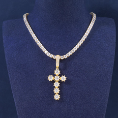 Ice Stone Flower Cross Moissanite Pendant Necklace