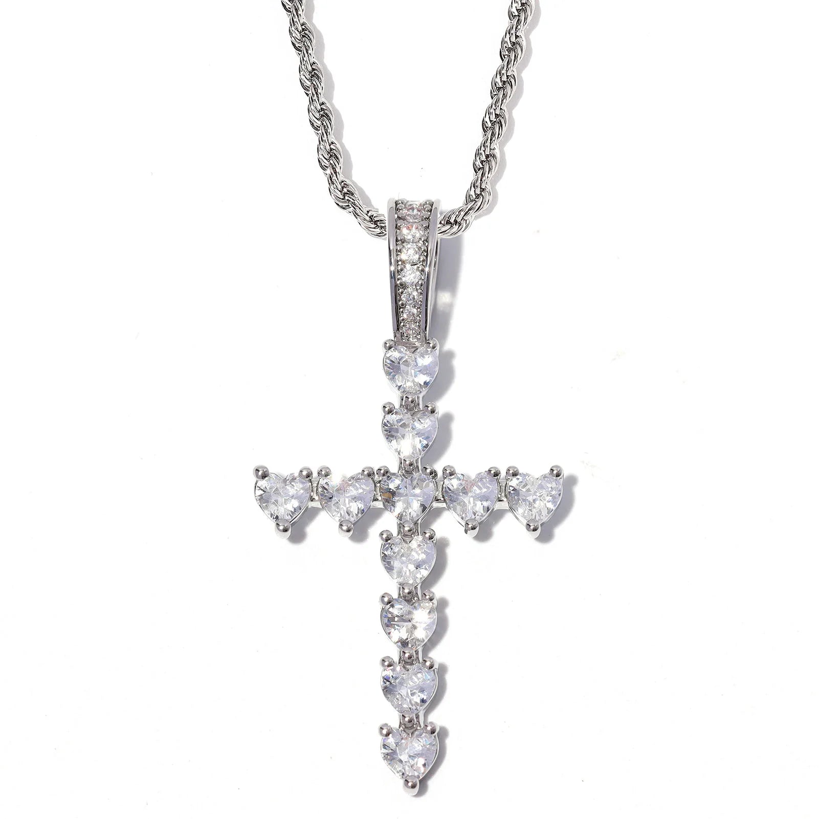 2023 New Fashion Wholesale Heart Cut Diamond Tennis Cross Pendant Christian Jesus Pendant Necklace for Jewelry Making