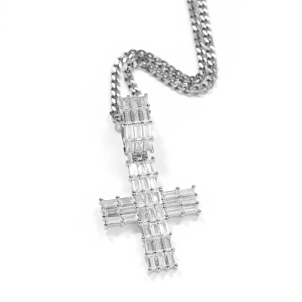 BIG SIZE BAGUETTE statement cross diamond pendant iced out jewelry necklace 18 k white gold diamond cross pendant