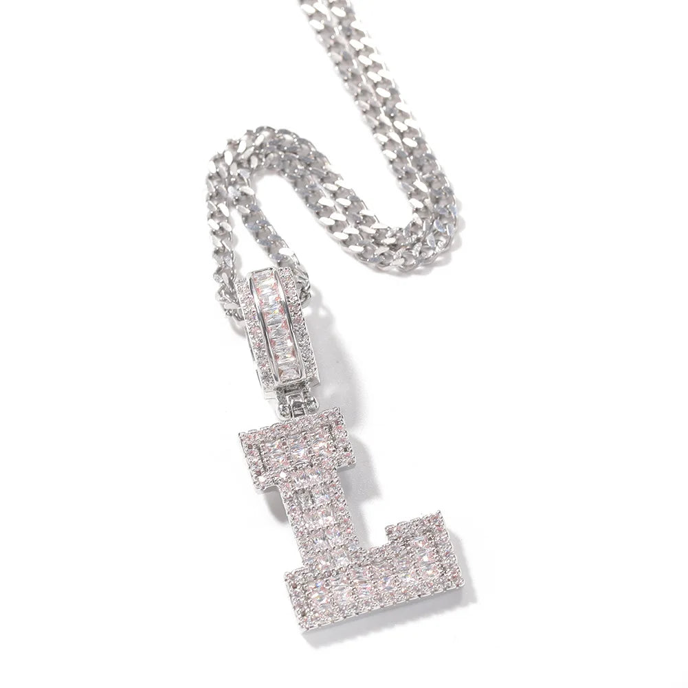 New Items Hip Hop Brass CZ Baguette Letter Pendant Necklace A-Z Initial White Gold/ Gold Color Letters Pendant Iced Out Jewelry