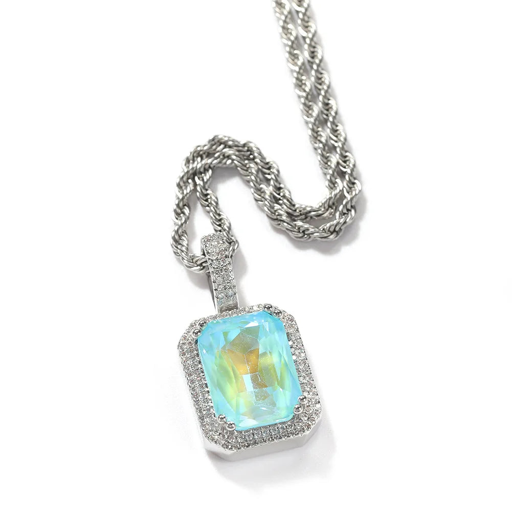 White Gold Square Light Blue Gem Mocha Fluorescence Pendant Rectangle Light Pink Iced Out full 5A Cz Hip Hop Pendant Necklace
