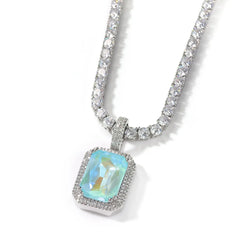 White Gold Square Light Blue Gem Mocha Fluorescence Pendant Rectangle Light Pink Iced Out full 5A Cz Hip Hop Pendant Necklace