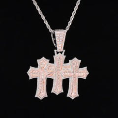 Ice Stone Fashion Baguette Triple Cross CZ Pendant Necklace