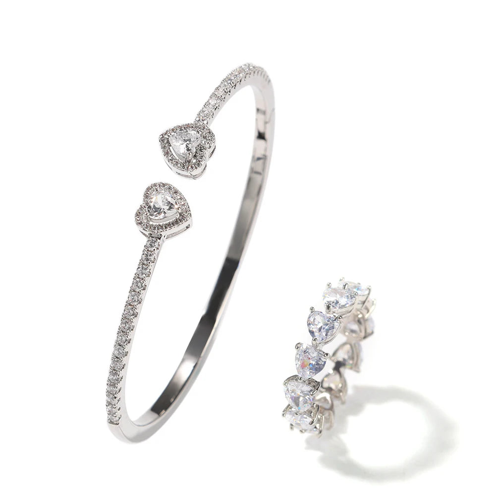 Luxury Bling Heart Iced out Cubic Zirconia bracelet ring set 18K gold plating Heart ring Rapper Fashion Jewelry Set