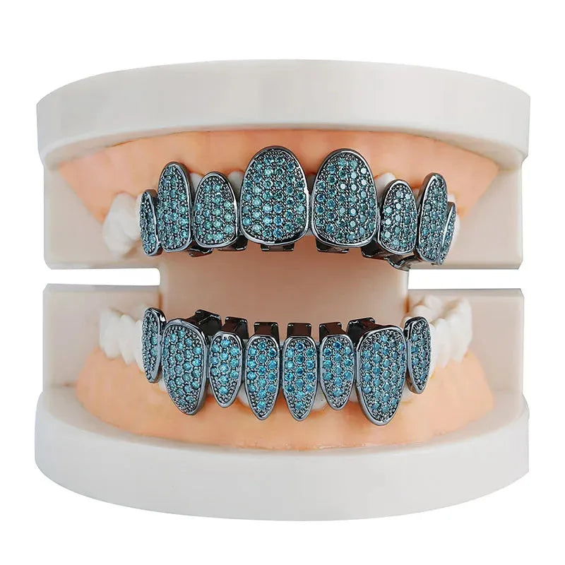 Hip Hop Bling AAA Cubic Zircon Silver Iced Out Grillz Cooper Crystal Jewelry Top & Bottom Grillz Teeth Body Jewelry