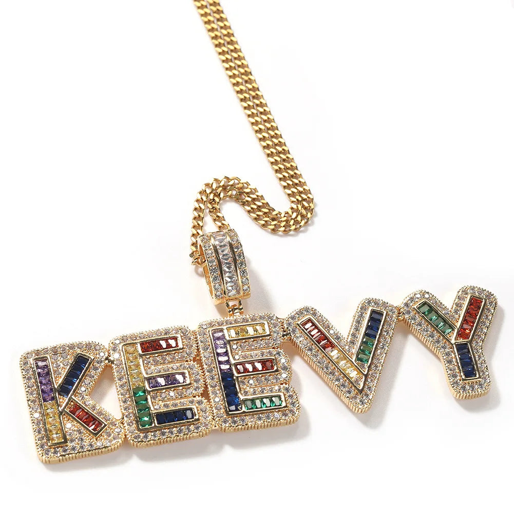Hiphop Custom Drip Charm Iced Out Cubic Zircon Colorful Baguette Initial Letters Pendant Words A-Z rainbow Custom Necklace