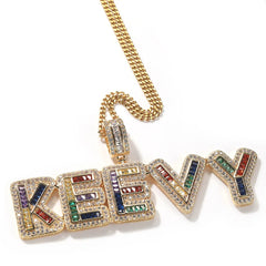 Hiphop Custom Drip Charm Iced Out Cubic Zircon Colorful Baguette Initial Letters Pendant Words A-Z rainbow Custom Necklace