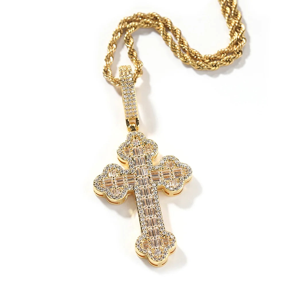 Micro Pave Iced Out Rectangle CZ Cross Pendant Hip Hop Cross Necklace for Women Men Unisex Fashion Design Pendant Jewelry