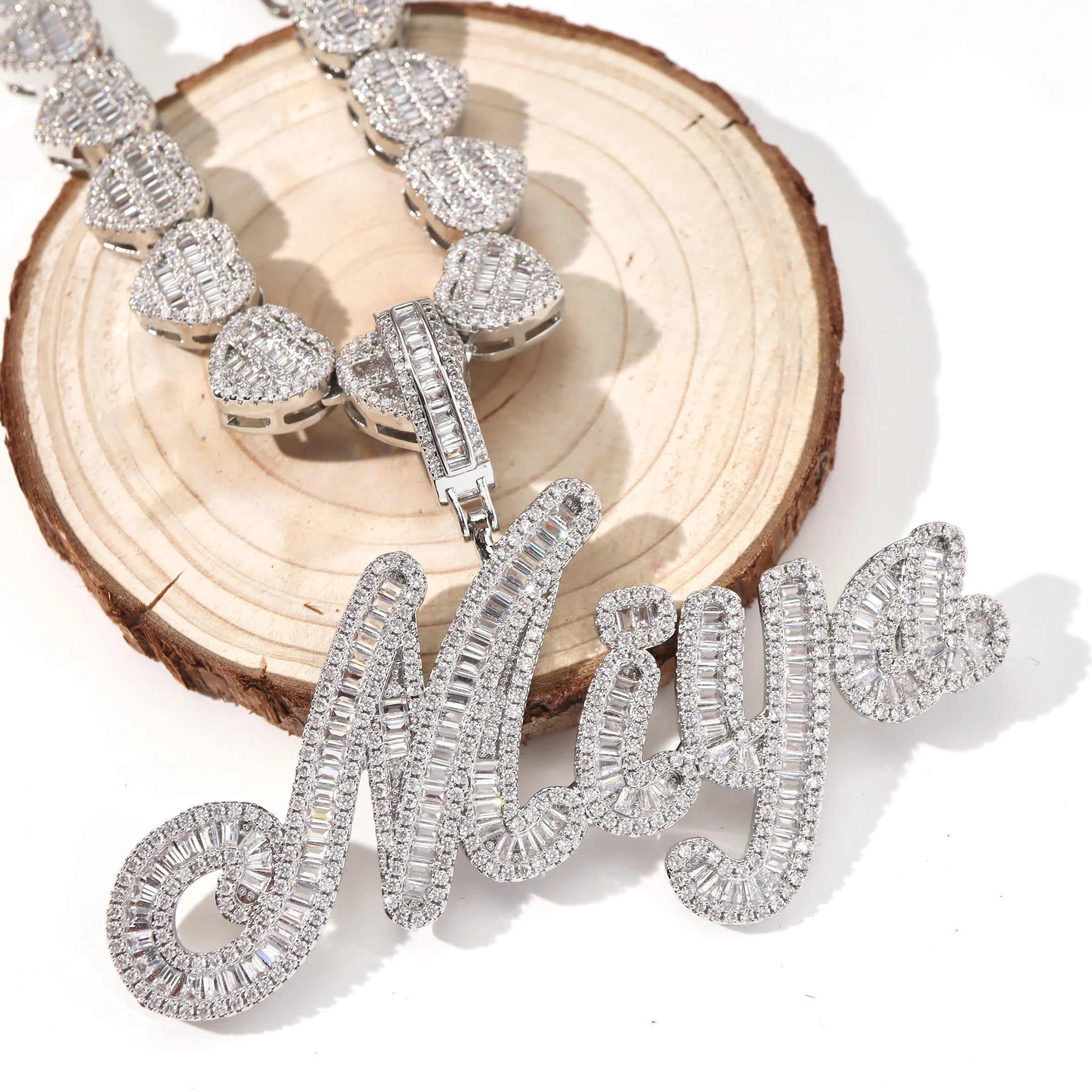 Brush font baguette 5A zircon micro setting 18k gold plating heart tennis chain custom name necklace charm set iced out jewelry