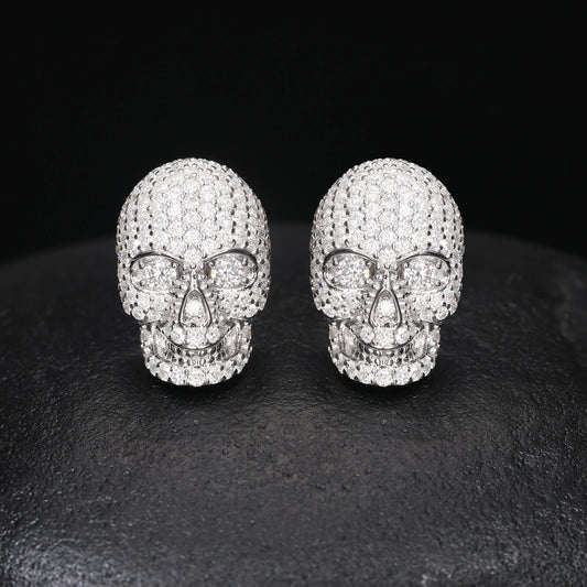 Solid Sterling Silver VVS Diamond Iced Skull Head Hip Hop Rock Star Earrings, Wholesale Halloween Bling Jewelry
