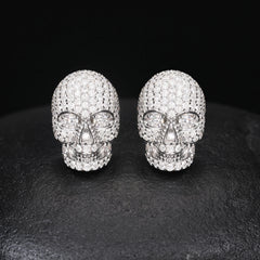 Solid Sterling Silver VVS Diamond Iced Skull Head Hip Hop Rock Star Earrings, Wholesale Halloween Bling Jewelry