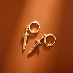 Ice Stone 925 Silver Gold Plated Dagger Cross Hoop Earrings