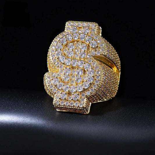Ice Stone New Hip Hop Men’s Gold Plated Dollar Sign Ring