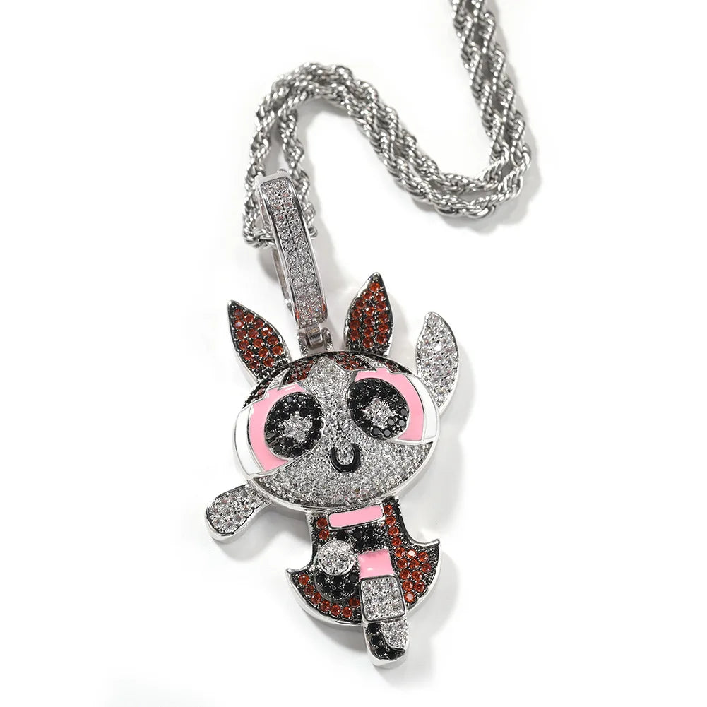 Ice Stone Unisex Cartoon Powerpuff Girls Gold Plated Hip Hop Necklace