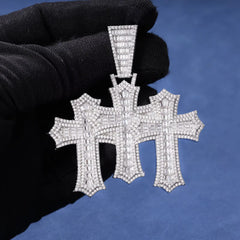 Ice Stone Fashion Baguette Triple Cross CZ Pendant Necklace