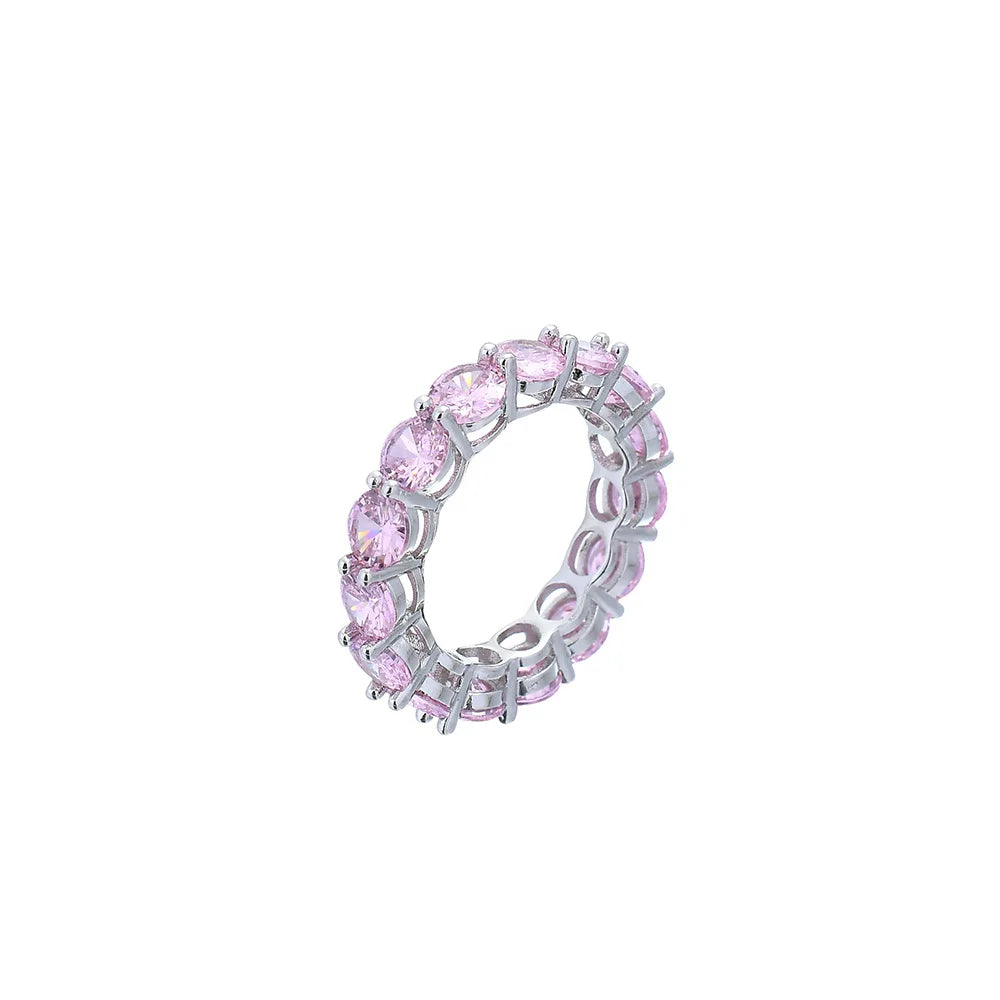 Round CZ stone prong setting iced out hip hop bling bling Women Pink ring luxury women party ring sparkling jewelry