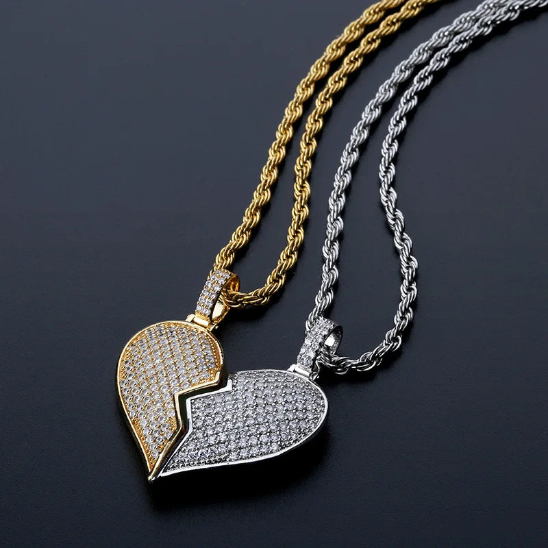 Solid Silver Gold broken heart Half heart luxury lover pendant Iced out hip hop Pendant Necklace Jewelry Tennis chain jewelry