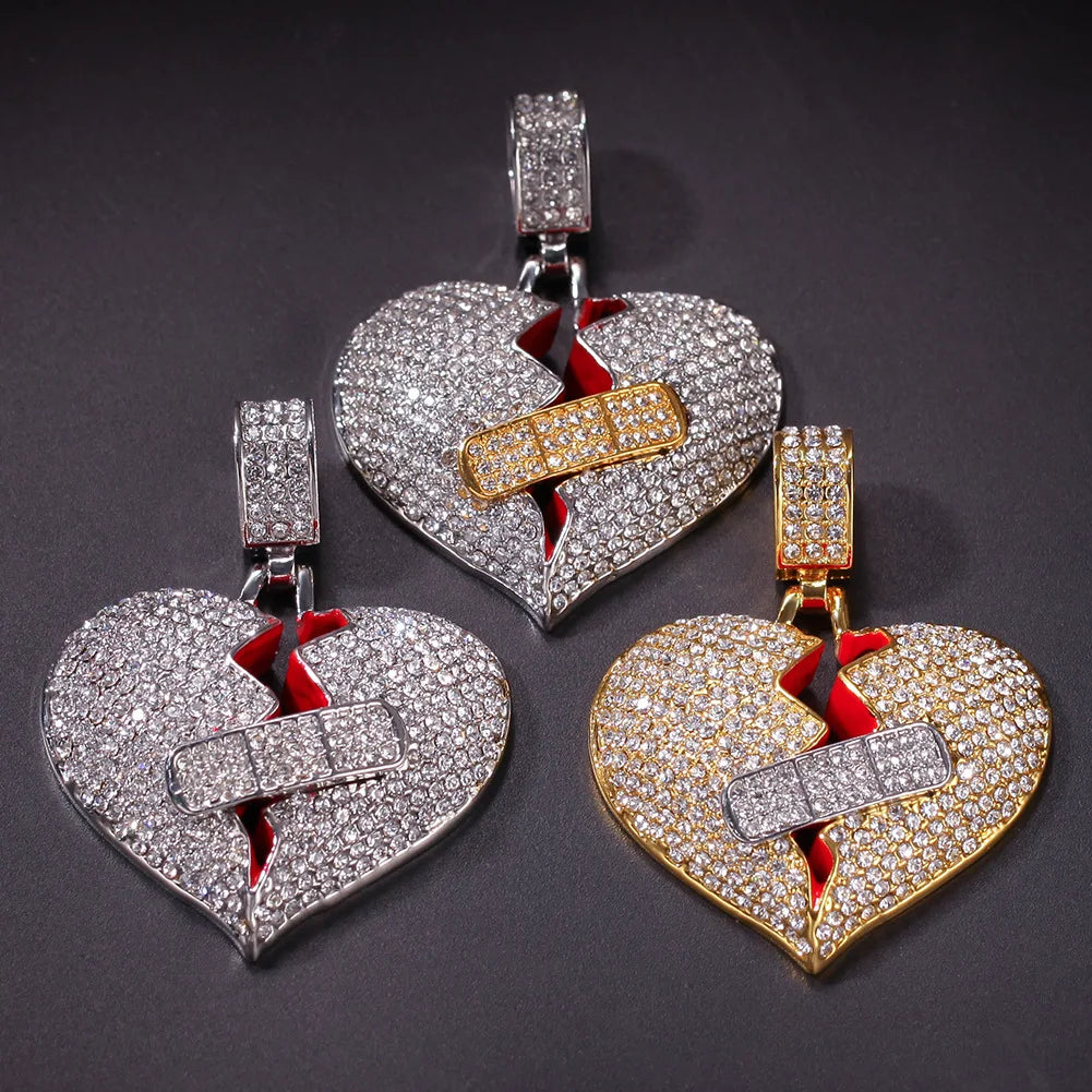 Broke Heart With Band Aid Necklace&Pendant Rhinestone Iced Out Trendy Rock HipHop Men Jewelry for Gift