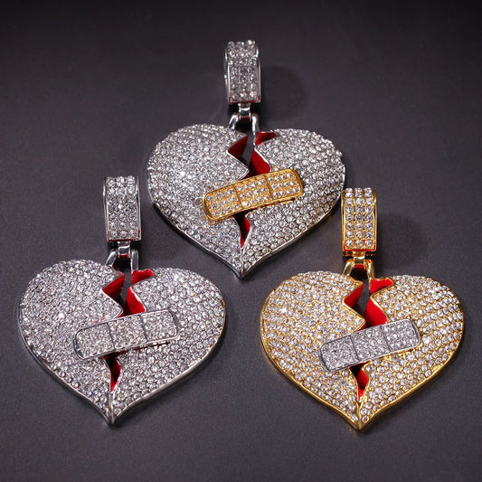 Broke Heart With Band Aid Necklace&Pendant Rhinestone Iced Out Trendy Rock HipHop Men Jewelry for Gift