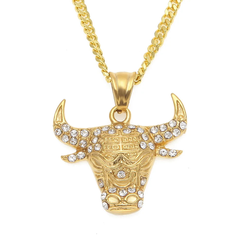 Punk Men Taurus Charm Necklaces Male Bull Head Iced Out Chain Hip Hop Cow Cattle Ox Collier African Tribe Bull Head Pendant