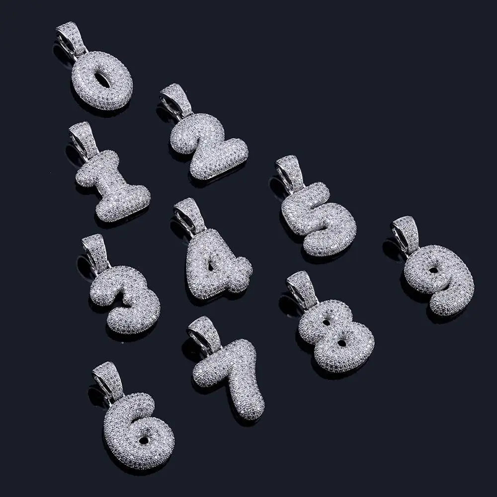 0-9 18K Gold and Silver Numbers Custom Name Bubble Pendant  Necklaces Charm For Men Women Cubic Zircon Hip Hop Jewelry Gifts