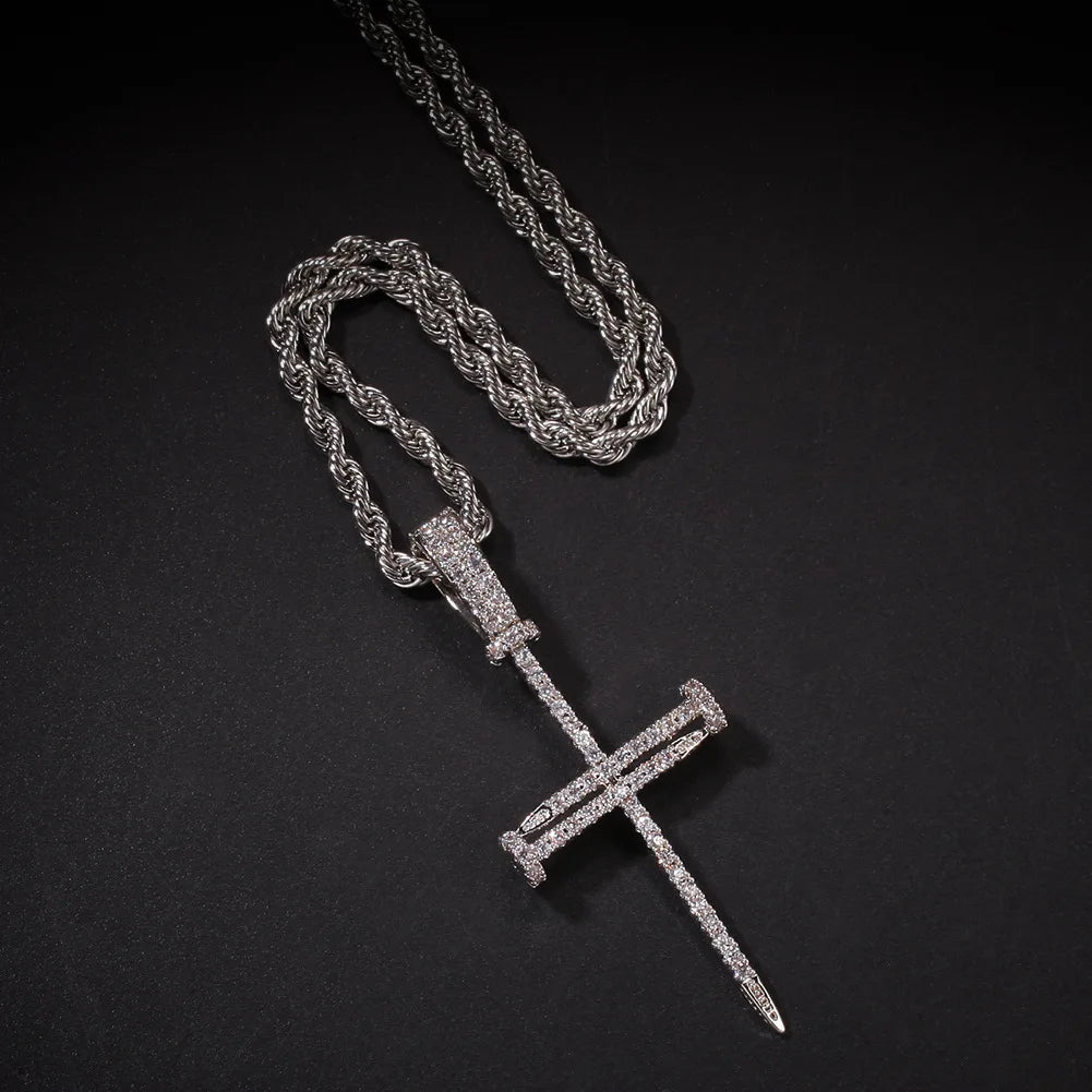Aliexpress new listed Copper Material Iced Cross CZ Pendants Necklace Gold Silver Screw Nail sharp cross pendant Fashion Hip Hop