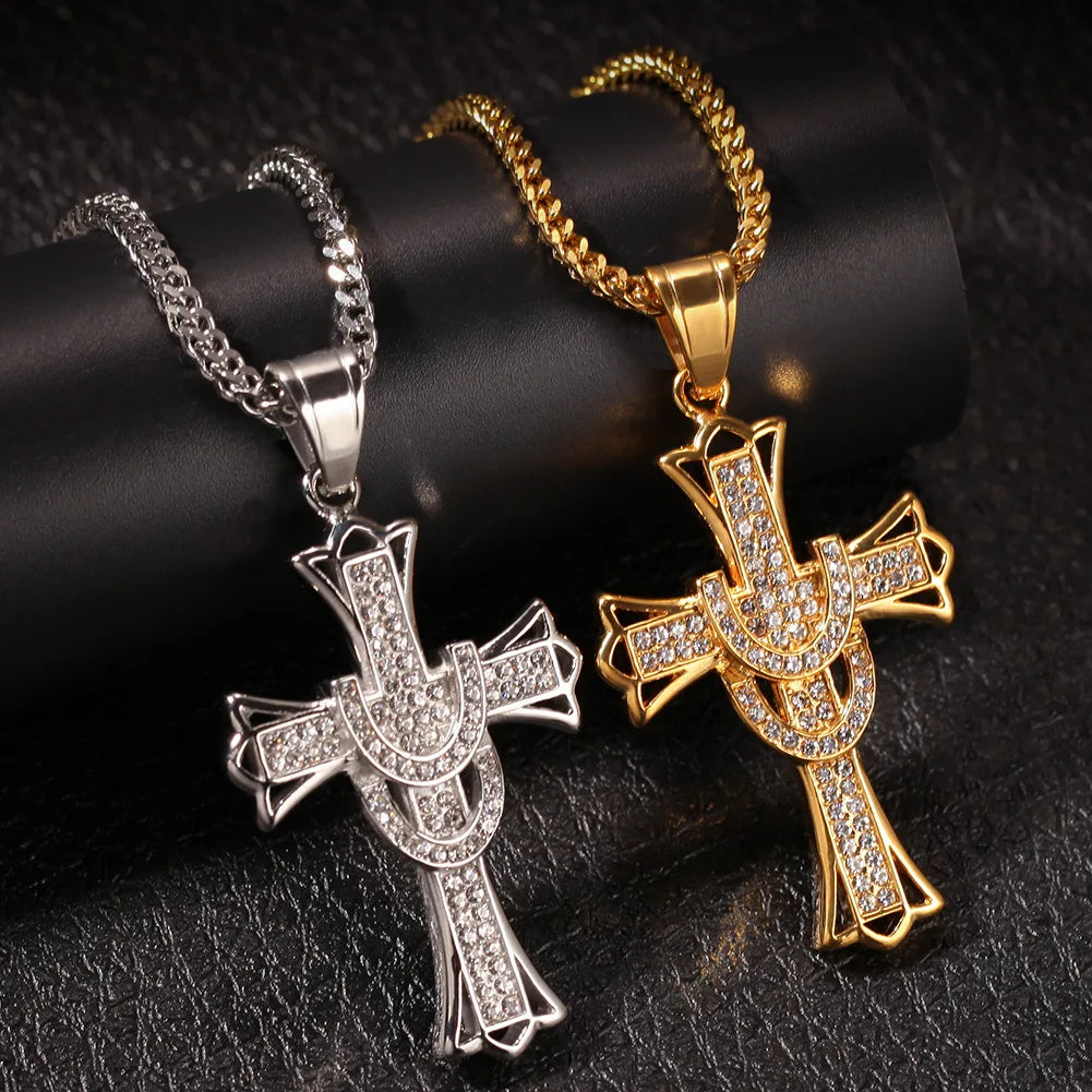 Cross rhinestone Pendant Men Gold Silver Key of Life Egyptian Charm Necklace Hip Hop Jewelry Bling Iced Out Chain cross jewelry