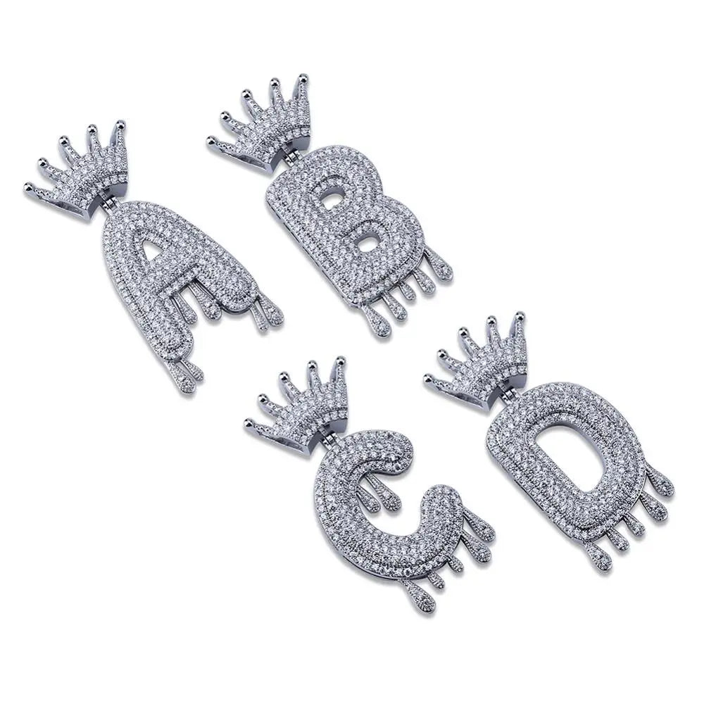 Name Crown Bail Drip Initials Bubble Diamond Custom cz Letters Pendant Necklace For Men Women Gold Color Cubic Zircon Hip Hop Je