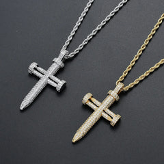 Iced Out Bling Nail Cross Pendant Necklace Micro Paved AAA CZ Hip Hop Gold Platinum Color Charm Jesus Cross Pendant Necklace