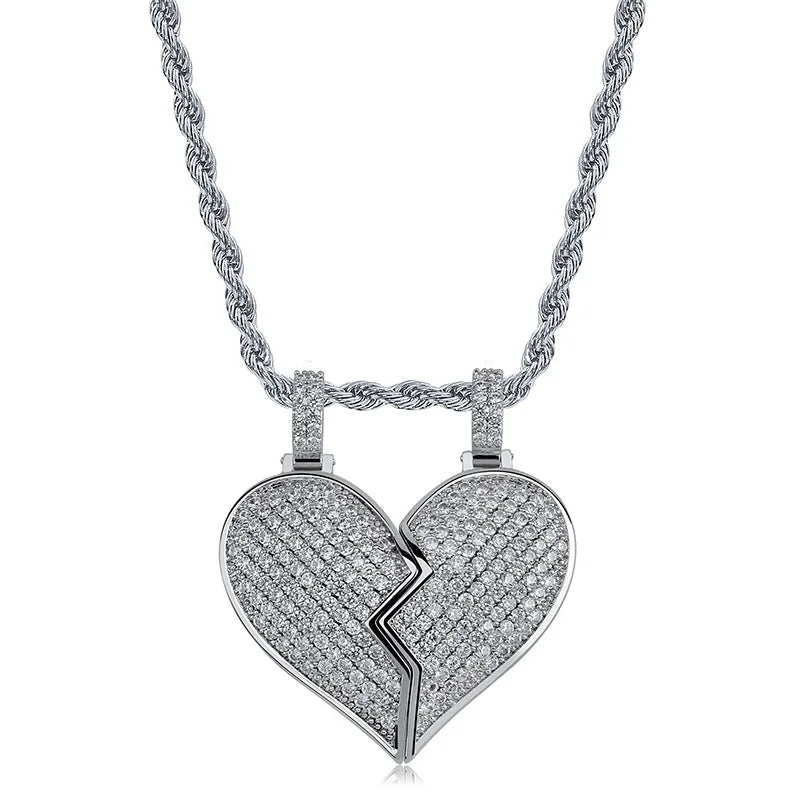 Solid Silver Gold broken heart Half heart luxury lover pendant Iced out hip hop Pendant Necklace Jewelry Tennis chain jewelry