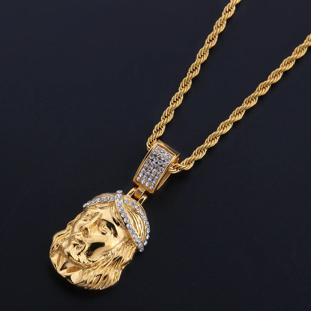 Hip Hop Gold Color Plated Jesus pendant Iced Out rhinestone Masked Jesus Face Pendant Necklace for men women