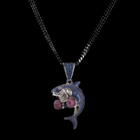 Iced Out CZ cz pendant necklace Boxing shark Pendants Copper Material Hip Hop Chain Necklace with stainless Steel Rope