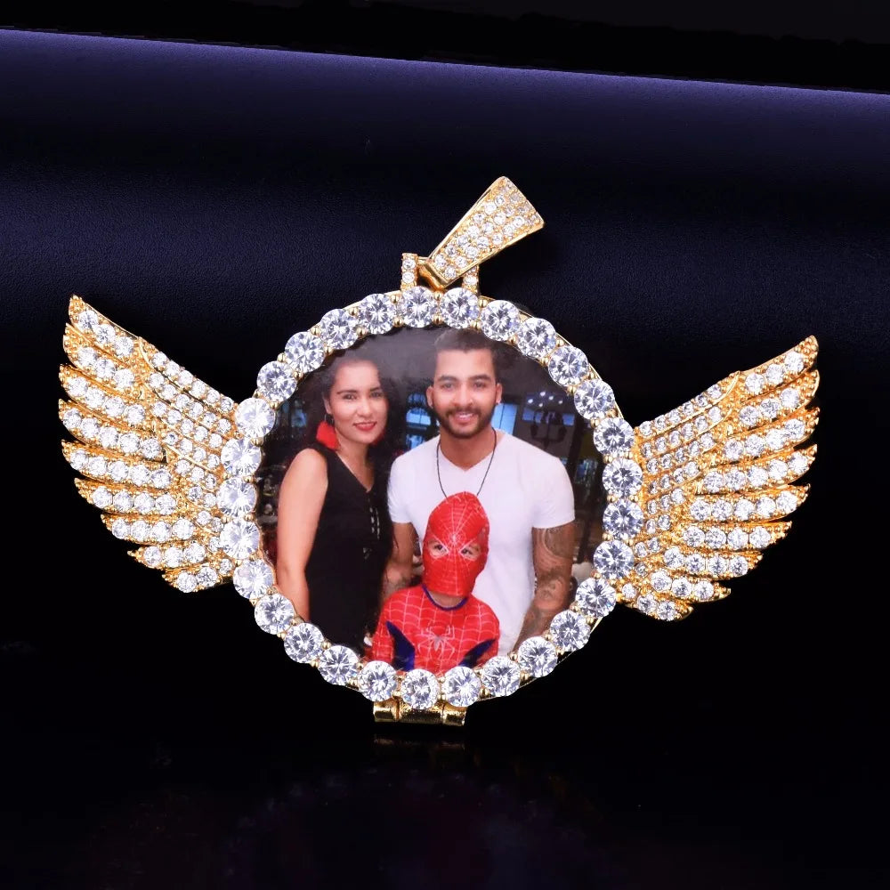 Cubic Zircon Men's Hip hop iced out Necklace & Pendant with rope chian  Gold Custom Made Photo pendant necklace With wings