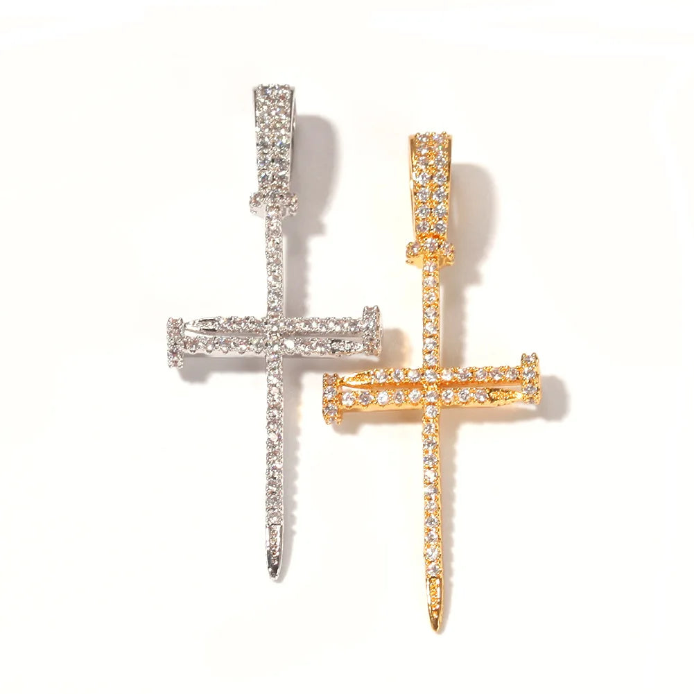 Aliexpress new listed Copper Material Iced Cross CZ Pendants Necklace Gold Silver Screw Nail sharp cross pendant Fashion Hip Hop